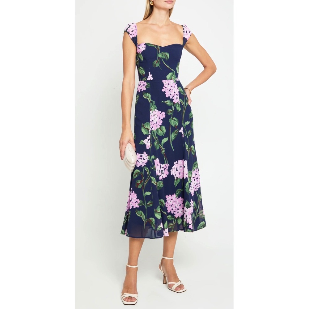 o.p.t. One Pretty Time Navy Pink Hydrangea Floral Off Shoulder Midi Dress 0 NEW